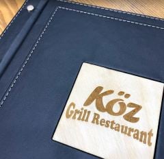 Lazer Kazımalı Ahşap Şeritli Lüks Deri Menü Kabı