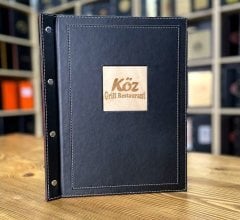 Lazer Kazımalı Ahşap Şeritli Lüks Deri Menü Kabı